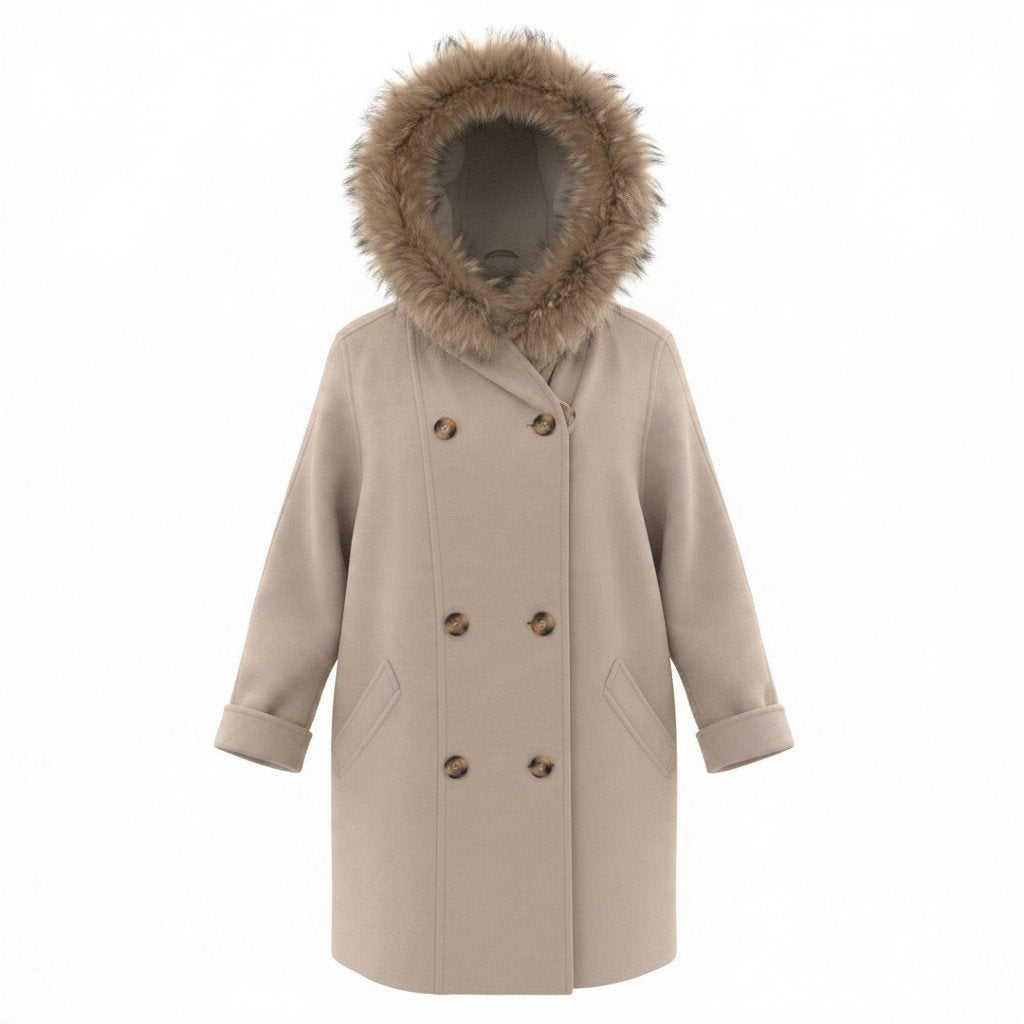 Lange wollen damesmantel met capuchon en bontkraag maat 44, Ophalen of Verzenden, Zo goed als nieuw, Maat 42/44 (L), Beige