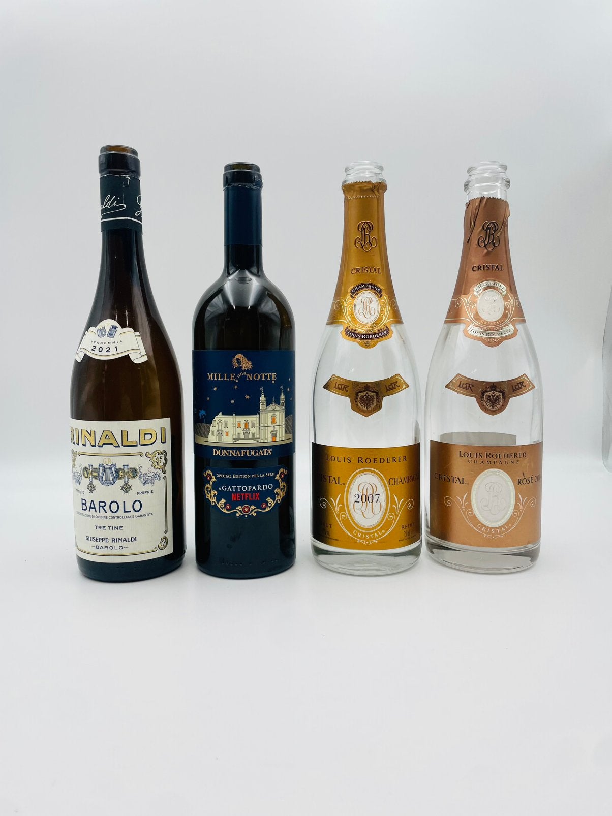 Lege wijnflessen - Barolo, Mille Notte, Cristal Champagne, Ophalen of Verzenden, Gebruikt, Overige typen