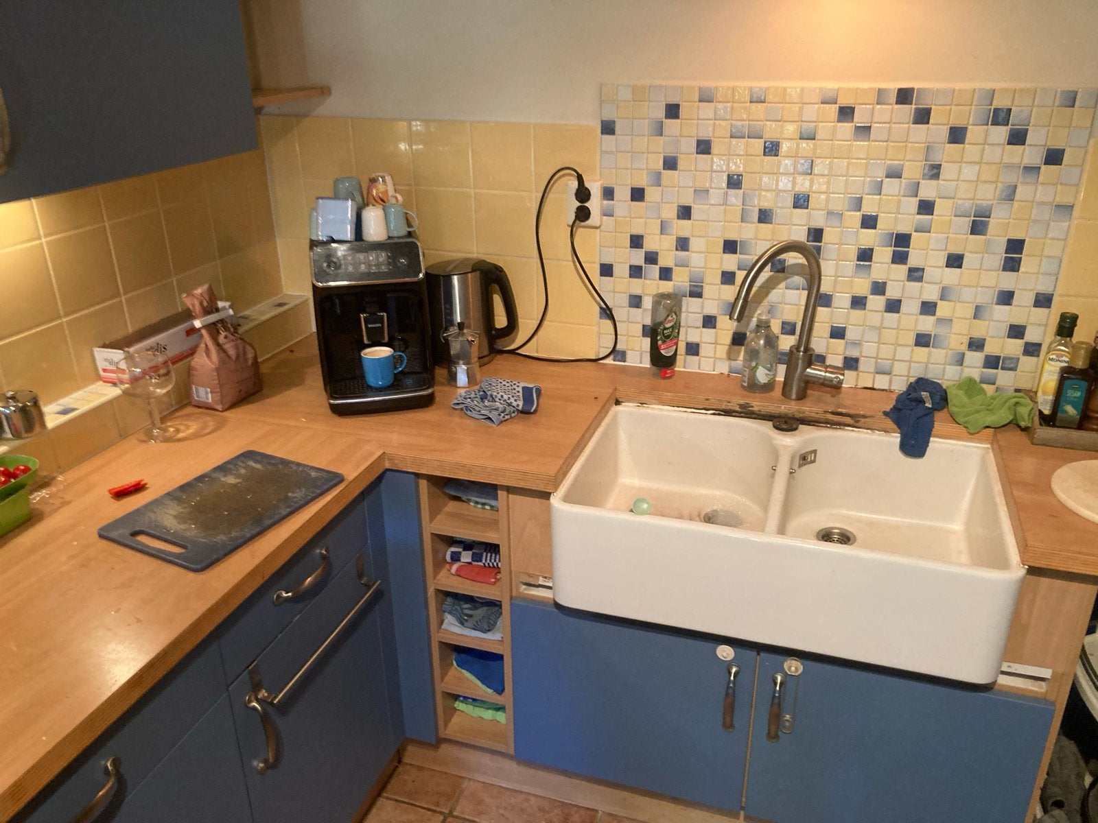 Complete Hoekkeuken met Apparatuur - Blauw/Hout, Huis en Inrichting, Keuken | Complete keukens, Ophalen, Gebruikt, Blauw, Hoekkeuken