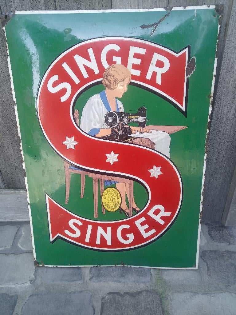 Oud bord in emaille singer, Antiek en Kunst, Ophalen
