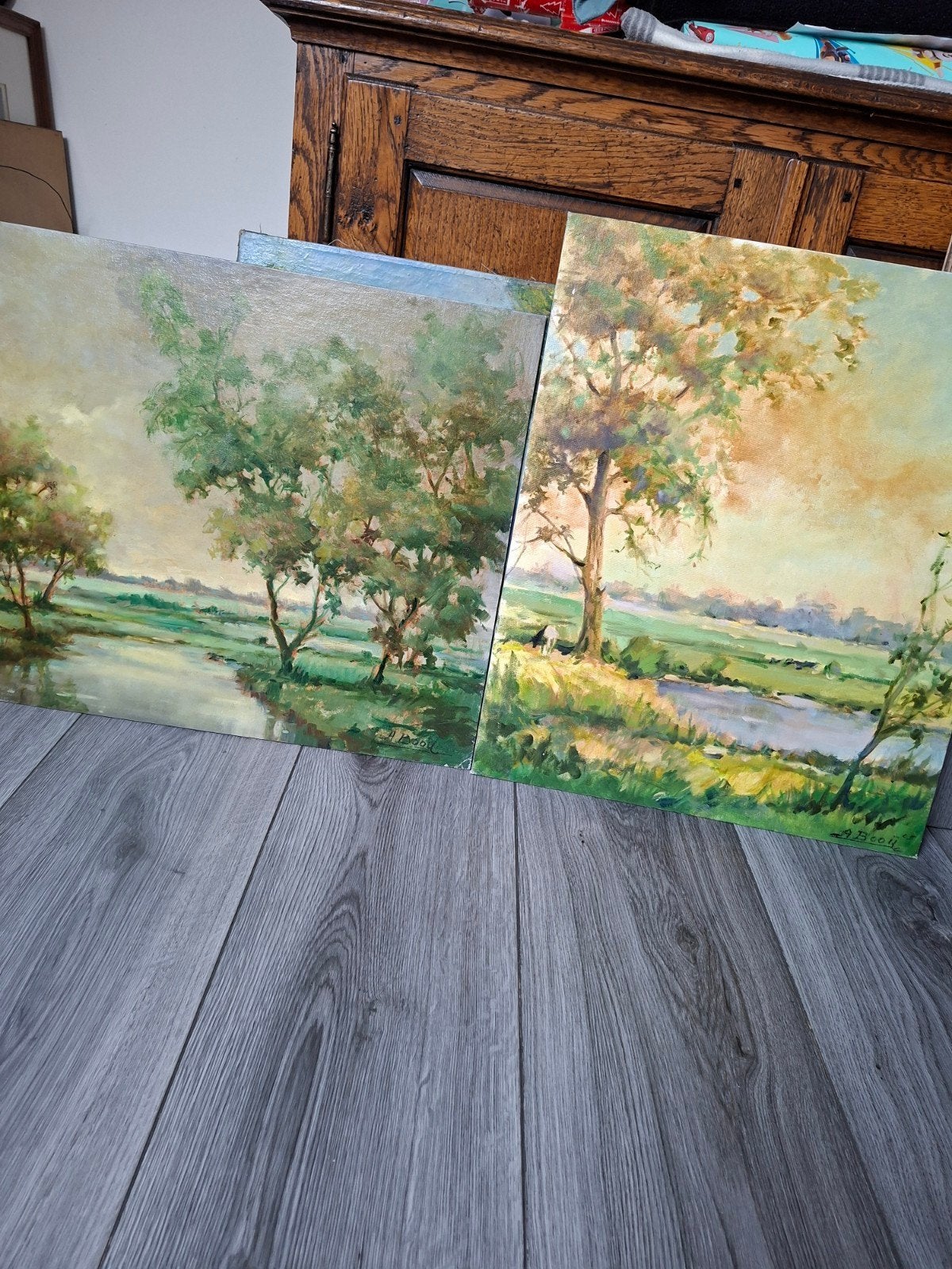 Twee Schilderijen Landschap Olieverf op Doek Gesigneerd, Antiek en Kunst, Gesigneerd, Doek, Realistisch, Ophalen of Verzenden