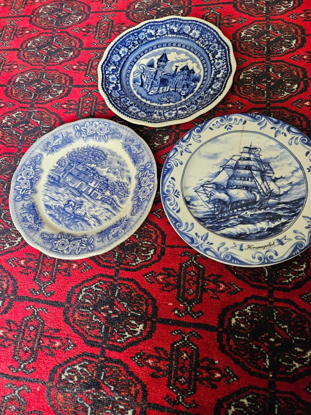 Set van 3 antieke Delfts blauw-stijl decoratieve borden, Ophalen