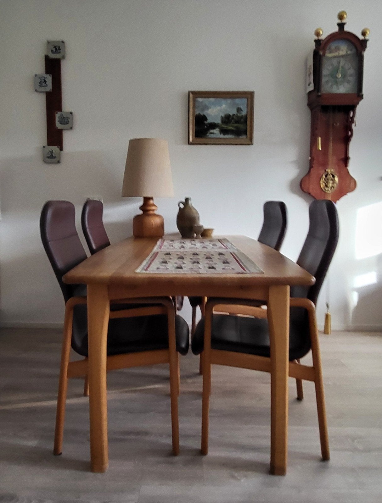 Deens design, vintage jaren 70, eettafel met stoelen. Eiken., Huis en Inrichting, Complete eetkamers, Ophalen, Gebruikt, 4 tot 6 stoelen