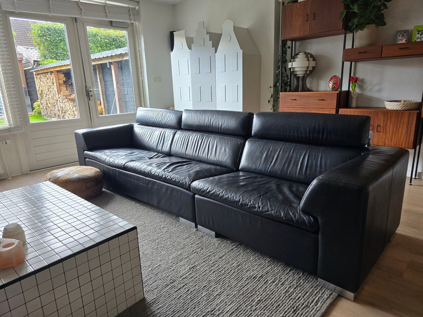 Leolux Howlazy Leer Bank - Zwart, Ophalen, Gebruikt, 100 tot 125 cm, 300 cm of meer
