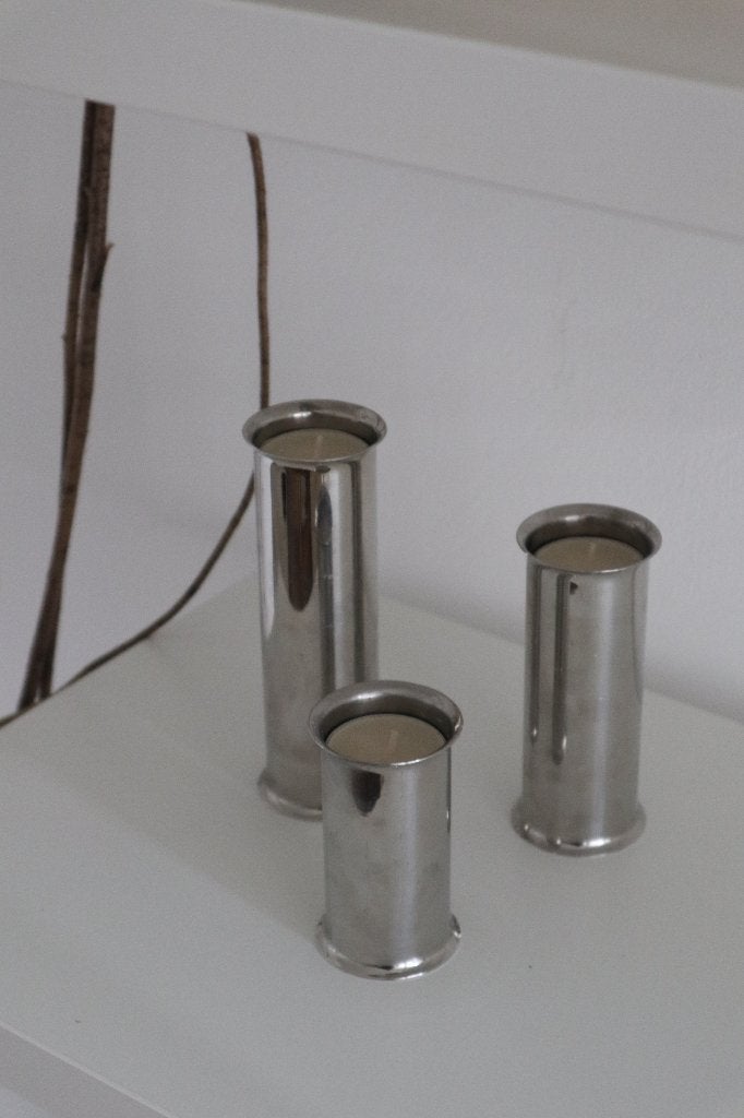 3 MENU kandelaars / Retro RVS Deens mid century space age 60, Huis en Inrichting, Woonaccessoires | Kandelaars en Kaarsen, Zo goed als nieuw