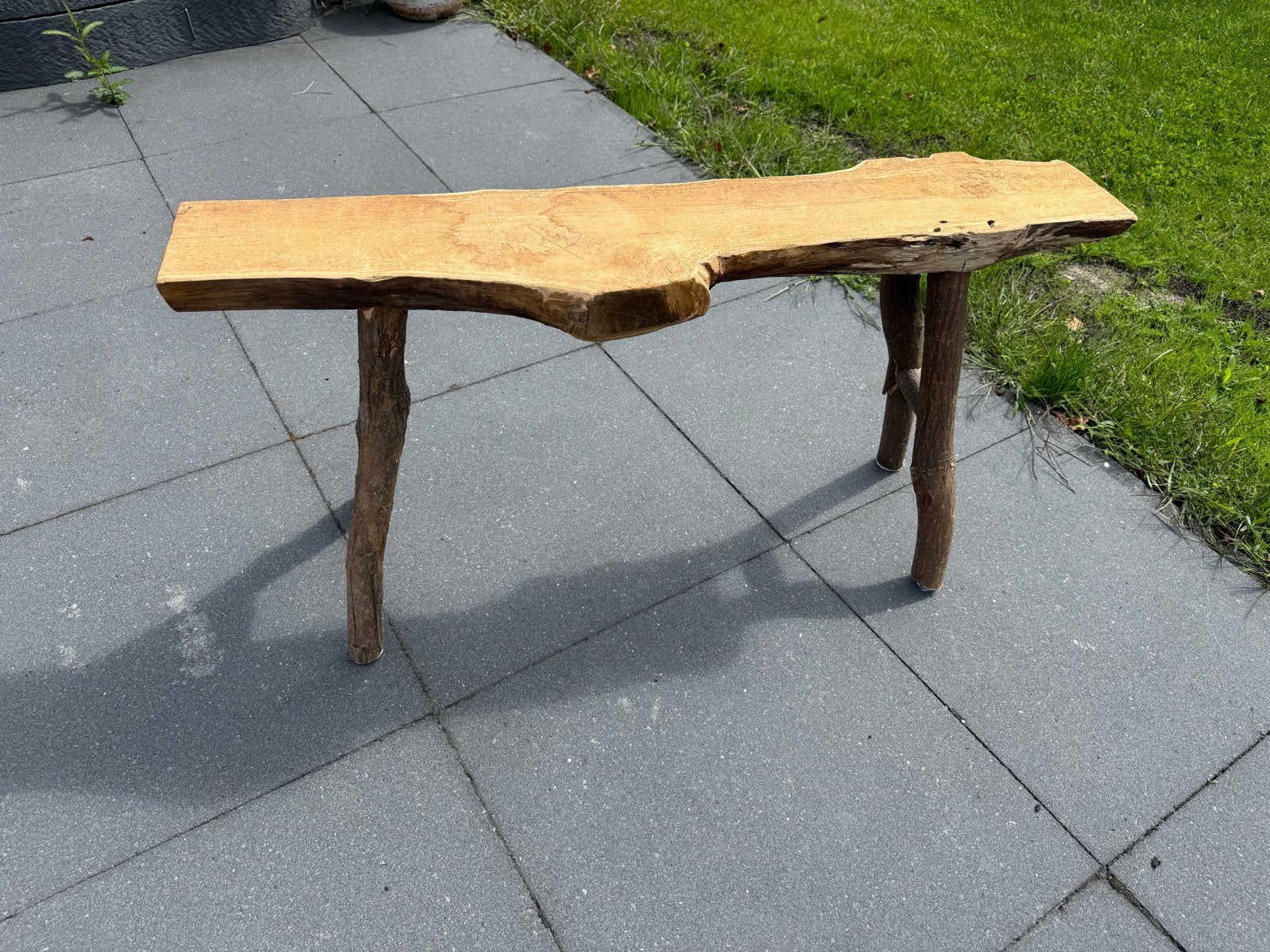 Uniek houten bankje van massief eikenhout, Ophalen, Gebruikt, Bruin, Eén