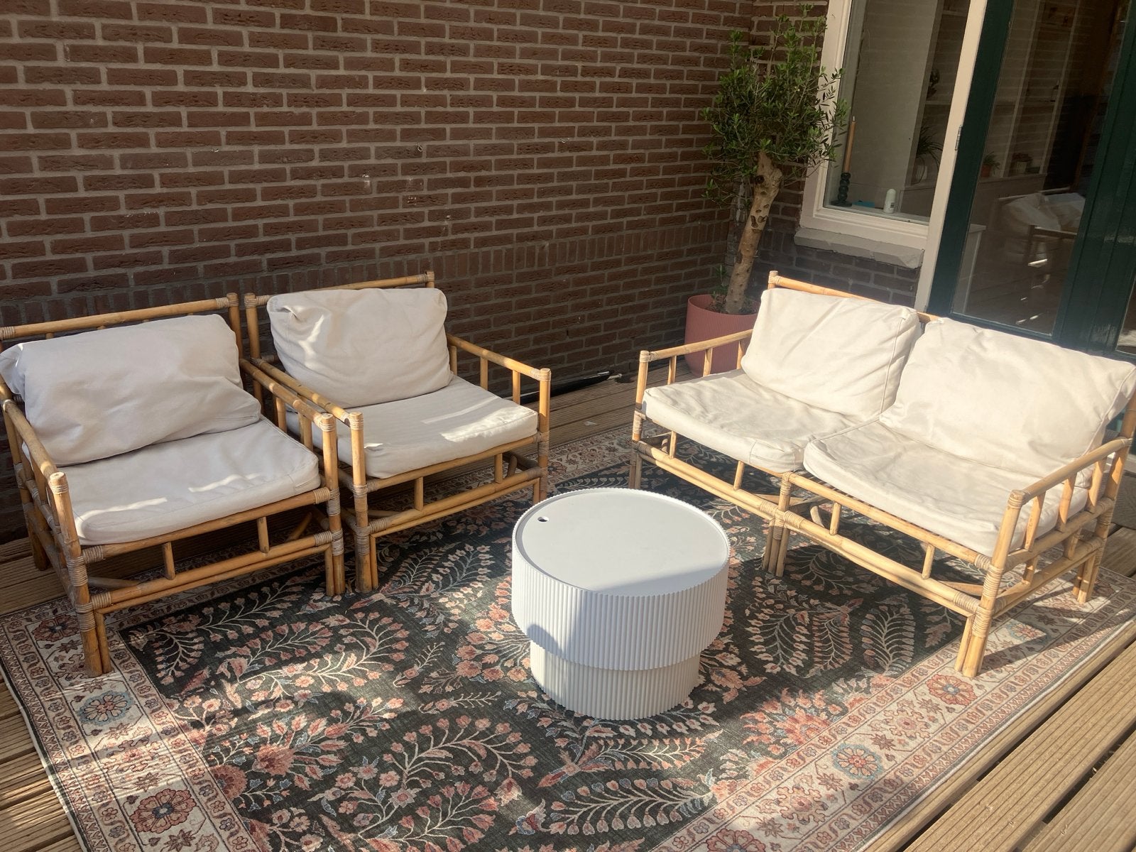 Bamboe Loungeset met Kussens - 1 Bank, 2 Stoelen, Tuin en Terras, Tuinsets en Loungesets, Ophalen, 4 zitplaatsen, Gebruikt, Loungeset