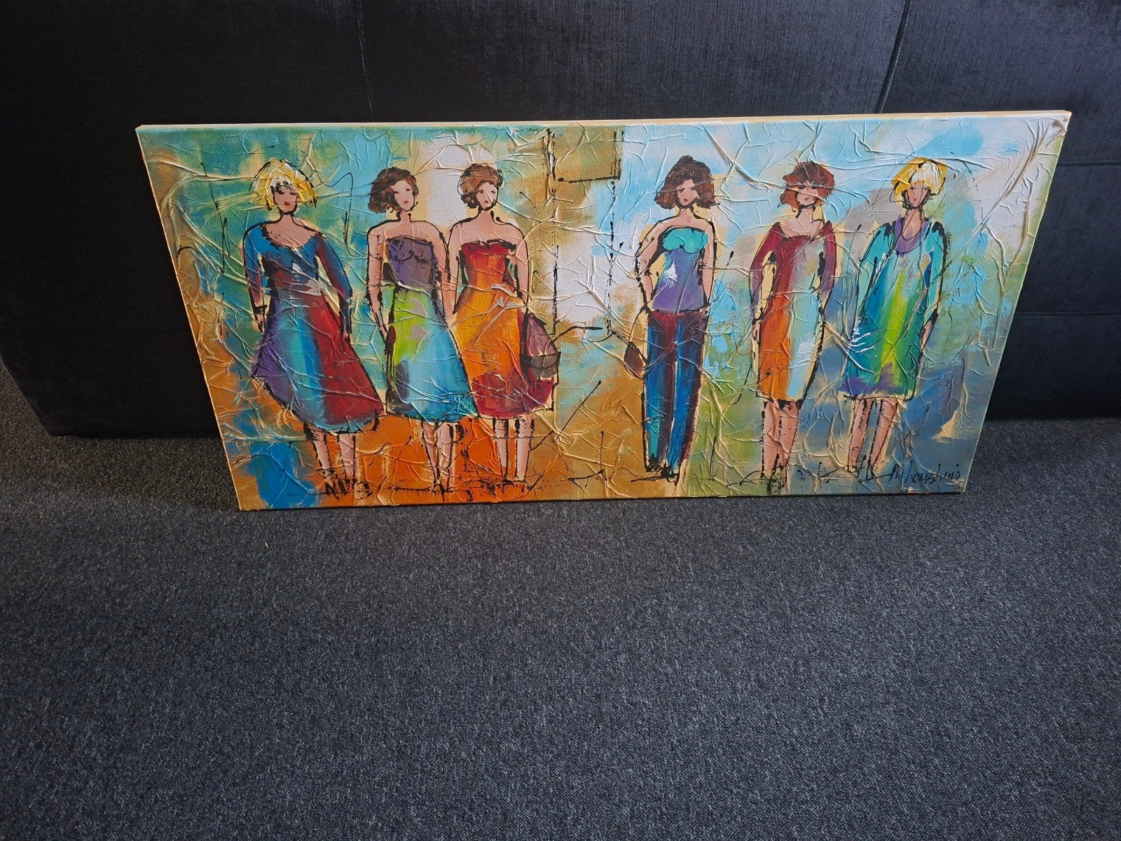 Schilderij 'Vrouwen in kleurrijke jurken' - gesigneerd, Antiek en Kunst, Ophalen of Verzenden