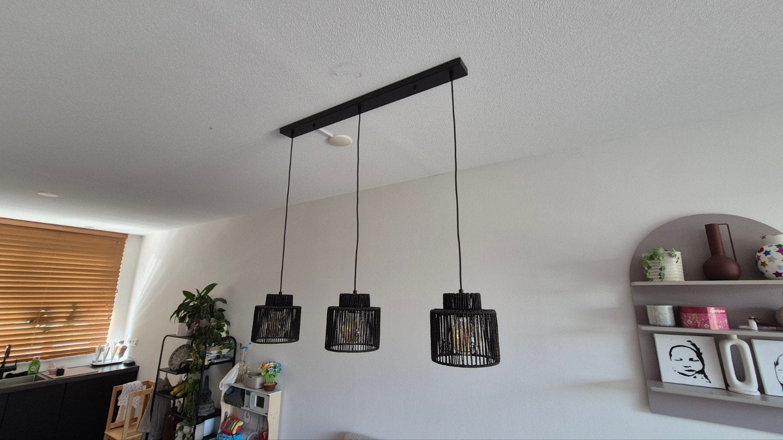 Gamma 3-lichts hanglamp zwart rotan/touw incl. LED, Ophalen, Overige materialen, Scandinavisch en Industrieel, E27 (groot)
