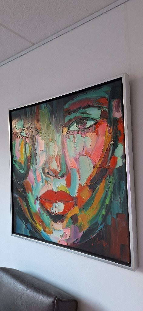 Schilderij van gezicht met lijst, Antiek en Kunst, Kunst | Schilderijen | Klassiek, Ophalen, Doek, Portret of Personen, Origineel werk