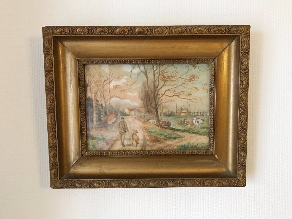 klassiek, landschapsschilderij, aquarel (gesigneerd, Ophalen of Verzenden, Landschap, Achter glas, Klassiek