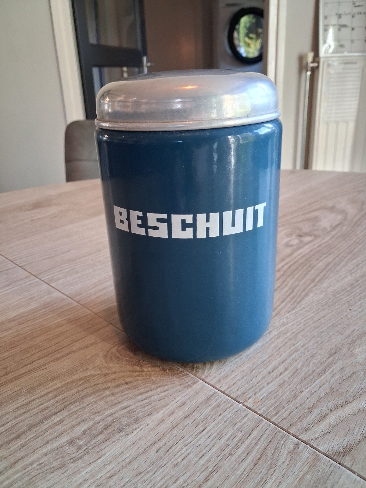 Vintage BESCHUIT Bus - Blauw Emaille met Aluminium Deksel, Antiek en Kunst, Ophalen of Verzenden
