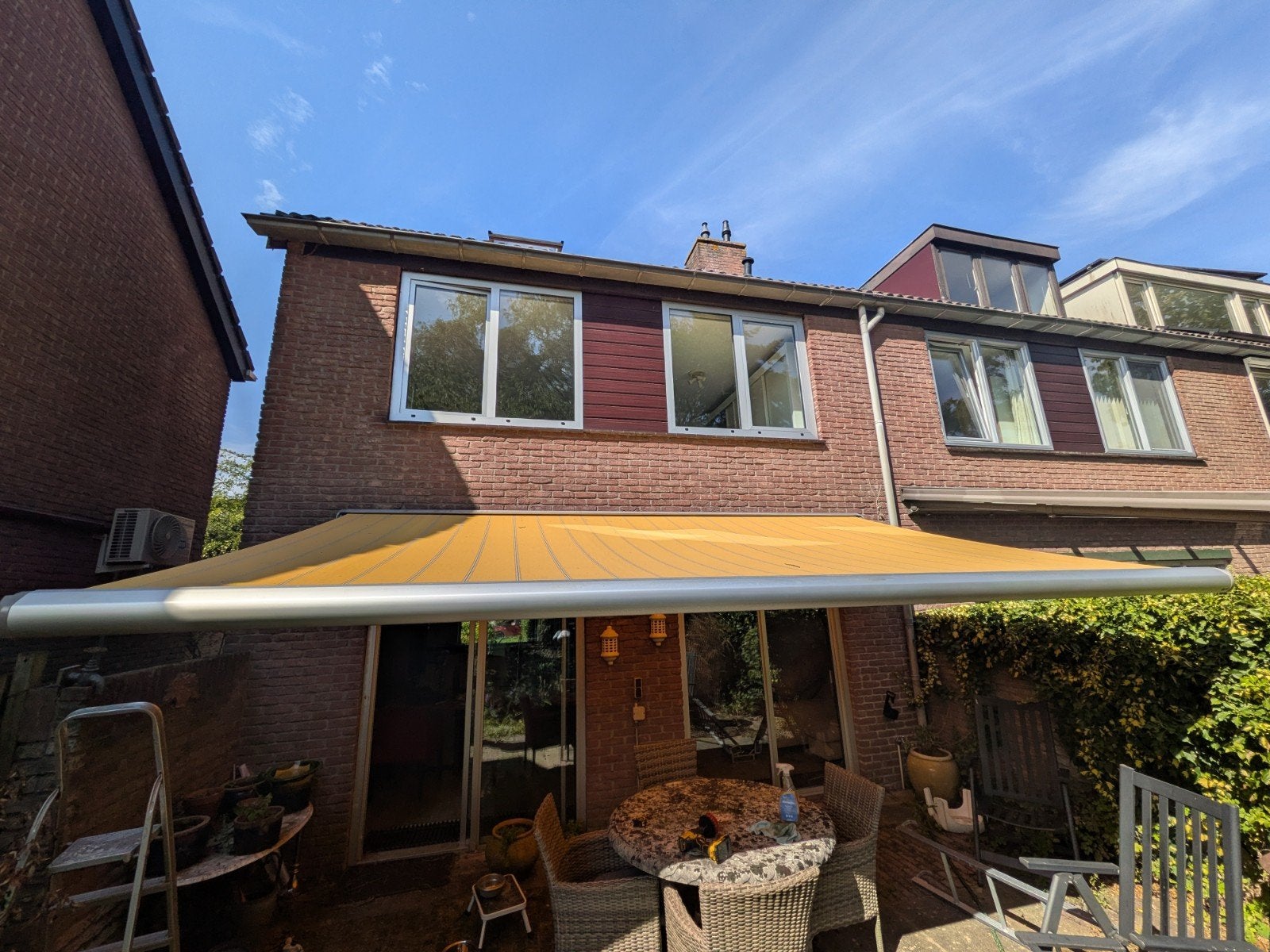 Luxaflex elektrisch knikarmscherm 500  300 cm – Somfy afsta, Tuin en Terras, Zonneschermen, Ophalen, Gebruikt, 450 cm of meer
