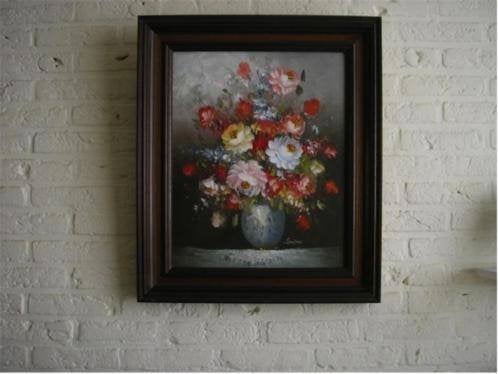 Kleurrijk bloemenstilleven in lijst, Antiek en Kunst, Kunst | Schilderijen | Klassiek, Ophalen, Doek, Realistisch, Stilleven
