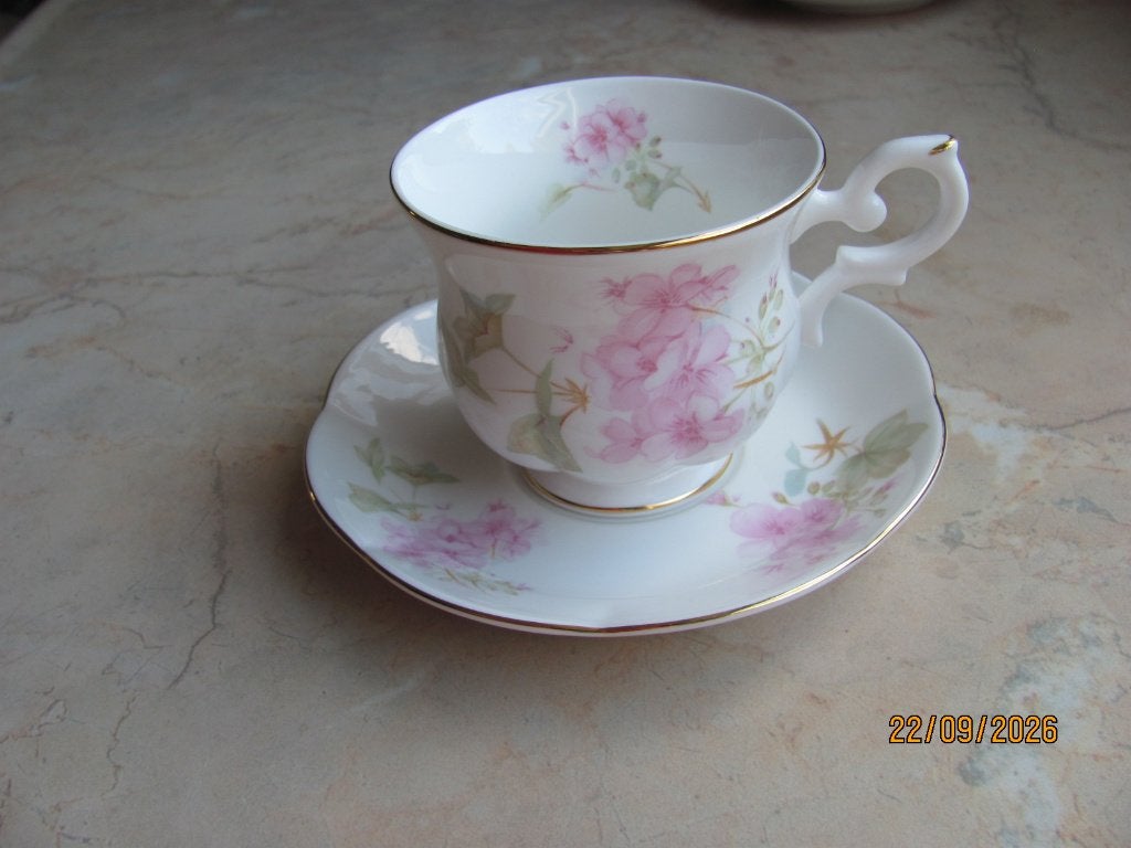 VINTAGE porselein ST. JAMES wit KOP en SCHOTEL roze BLOEMEN, Ophalen of Verzenden, Zo goed als nieuw, Porselein, Kop en/of schotel