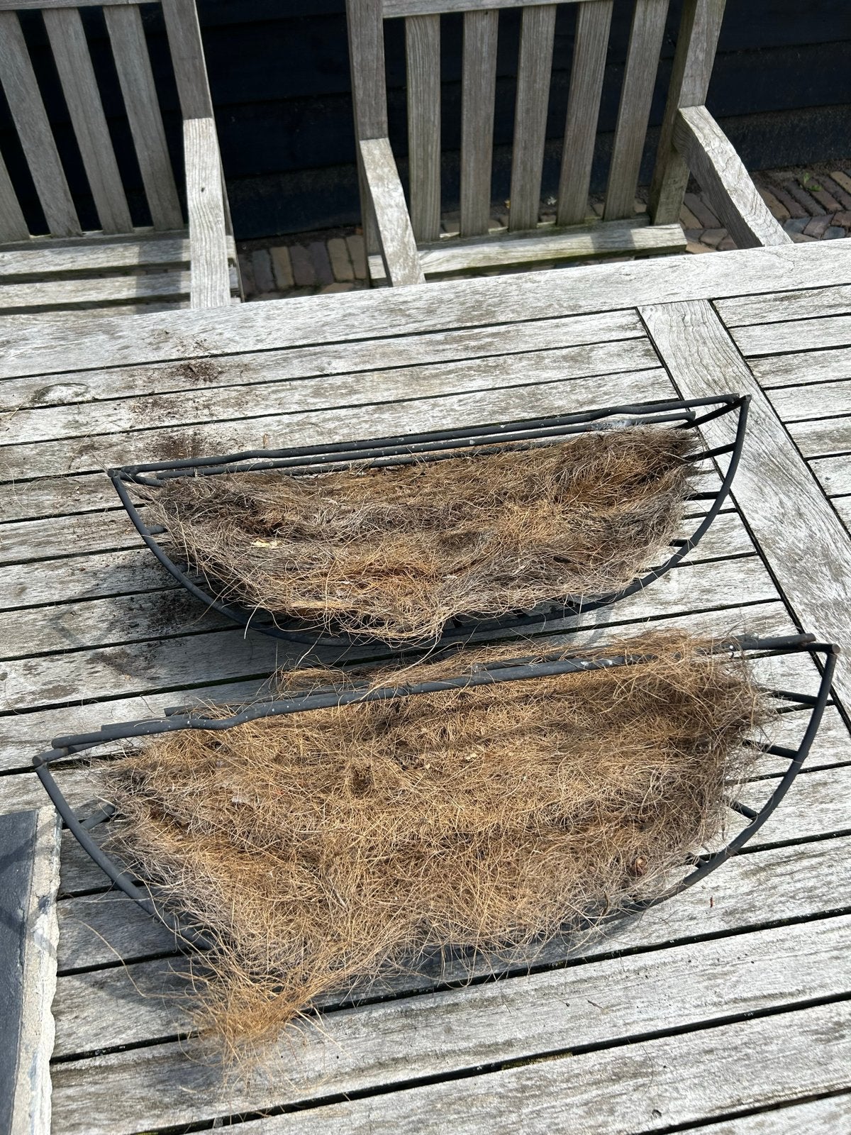 Set van 2 ijzeren plantenhouders met kokos inleg, Gebruikt, Minder dan 30 cm, Minder dan 60 cm, Ophalen of Verzenden