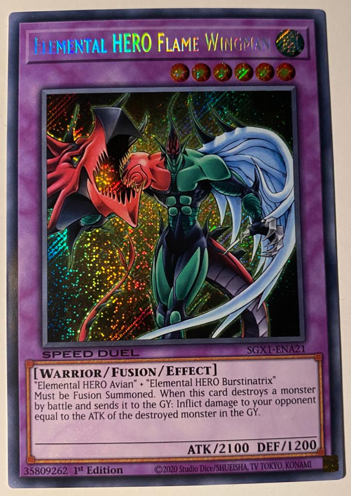 Yu-Gi-Oh! Elemental HERO Flame Wingman SGX1 1st Edition !, Ophalen of Verzenden, Zo goed als nieuw, Losse kaart, Foil