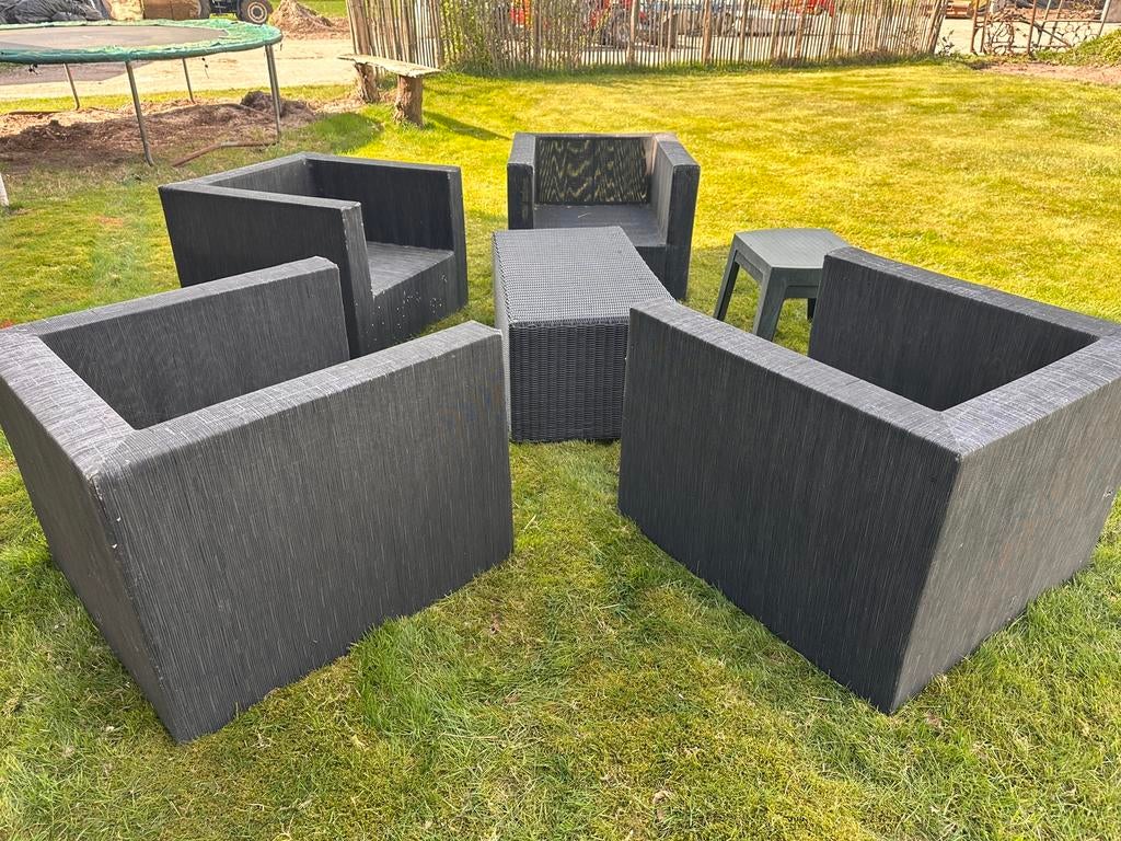 Louncheset, 4 stoelen en tafel met kussens, vandaag ophalen, Tuin en Terras, Ophalen, 4 zitplaatsen, Gebruikt, Loungeset