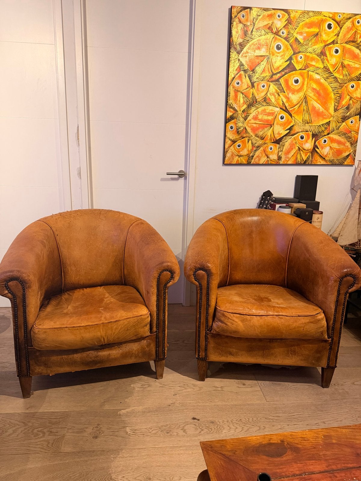 Set van 2 Vintage schapen leren Clubfauteuils, Huis en Inrichting, Fauteuils, Ophalen, Gebruikt, Leer, 75 tot 100 cm