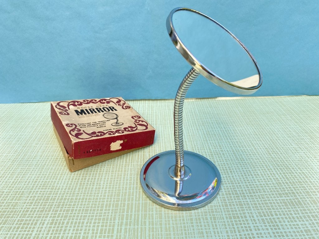 Vintage make up spiegel gooseneck mirror, zwaanhals spiegel, Antiek en Kunst, Ophalen of Verzenden, Rond, Minder dan 50 cm, Minder dan 100 cm