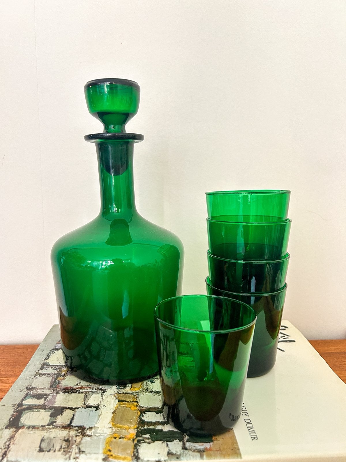 5x vintage waterglazen + karaf groen glas, Ophalen of Verzenden, Gebruikt, Waterglas