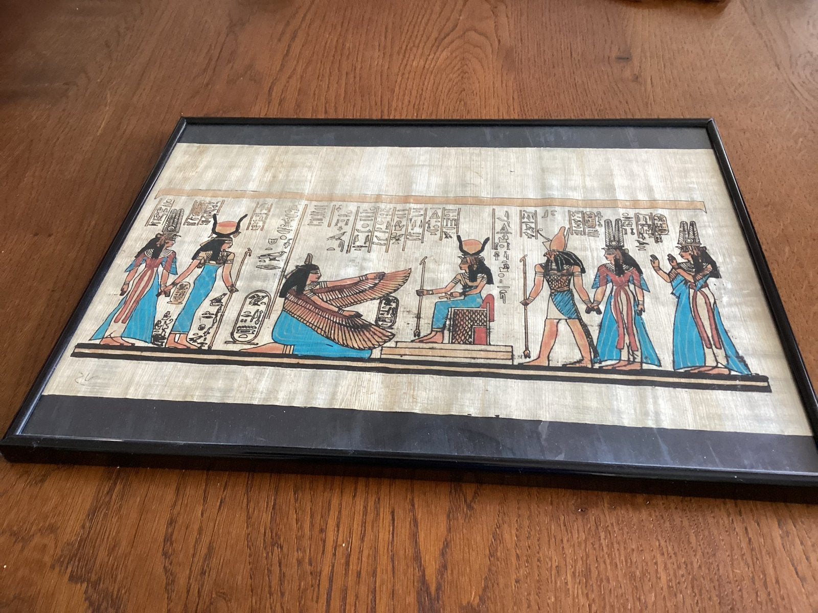Ingelijst Egyptisch tafereel op papyrus - 40x30 cm, Ophalen, Tekening, Gemengde techniek, Achter glas