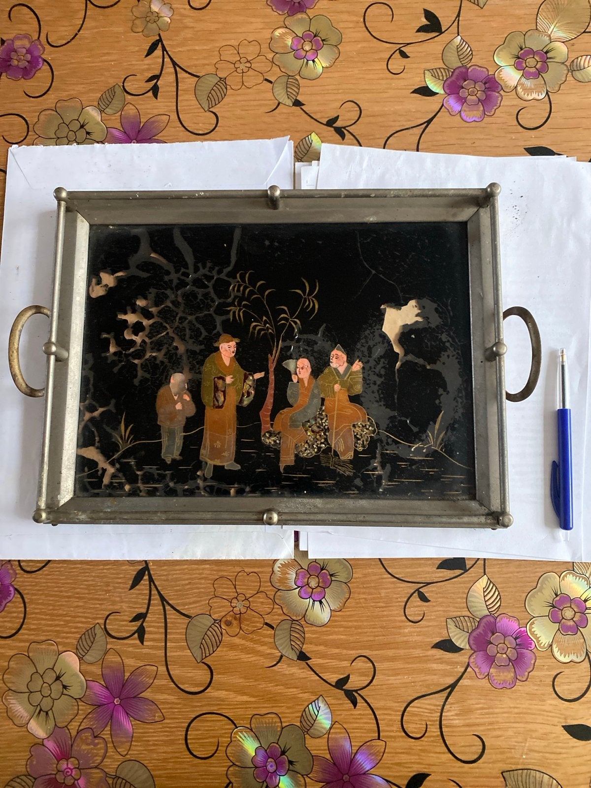 Antiek dienblad met Oosterse decoratie, Ophalen of Verzenden