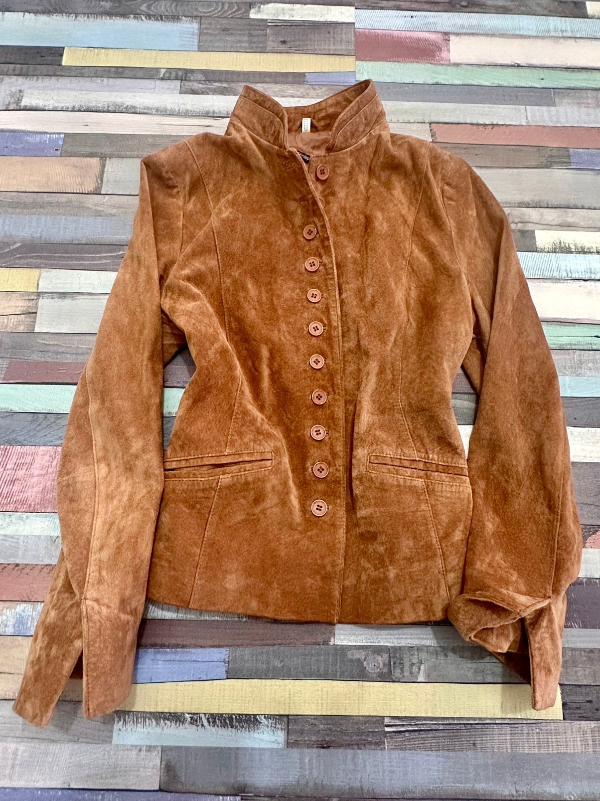 Philip G Vintage Leather Suede Jacket Camel Mandarin Boho L, Ophalen of Verzenden, Nieuw, Maat 42/44 (L), Bruin