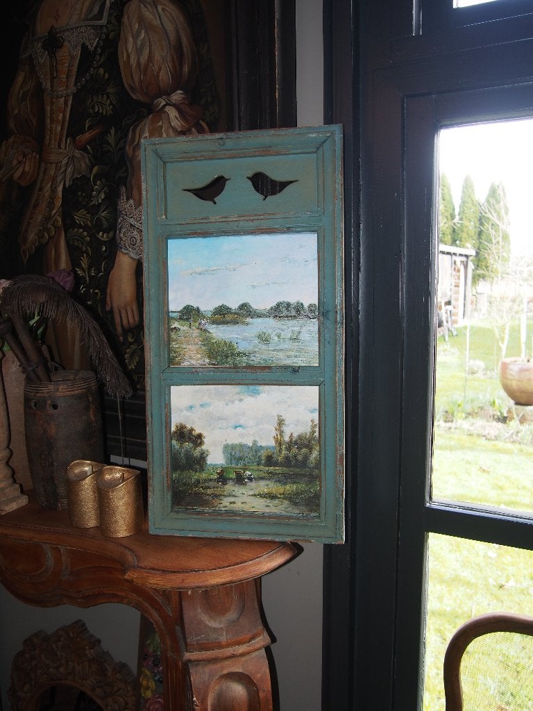 2 kleine Schilderijen in houten lijst - Landschap, Antiek en Kunst, Kunst | Schilderijen | Klassiek, Ophalen, Paneel, Realistisch