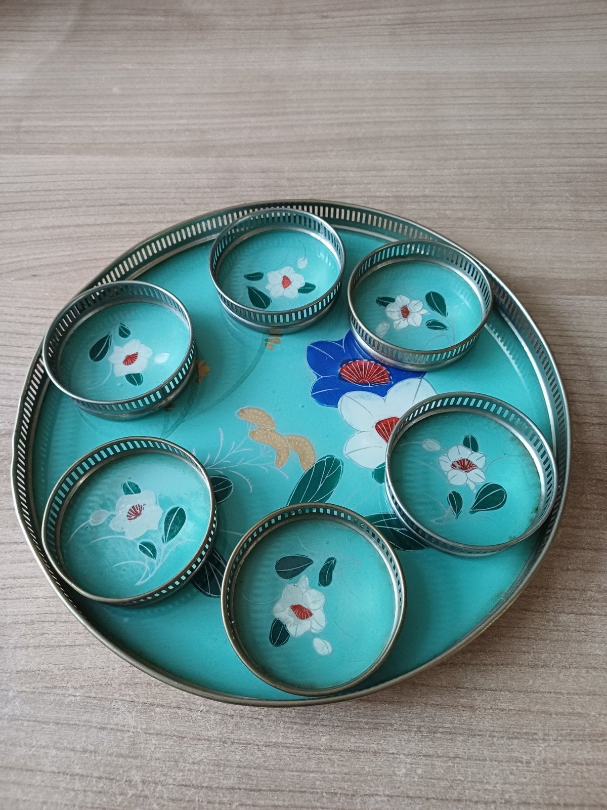 Vintage Japanse onderzetters met dienblad - Blauw ,glas, Antiek en Kunst, Ophalen of Verzenden