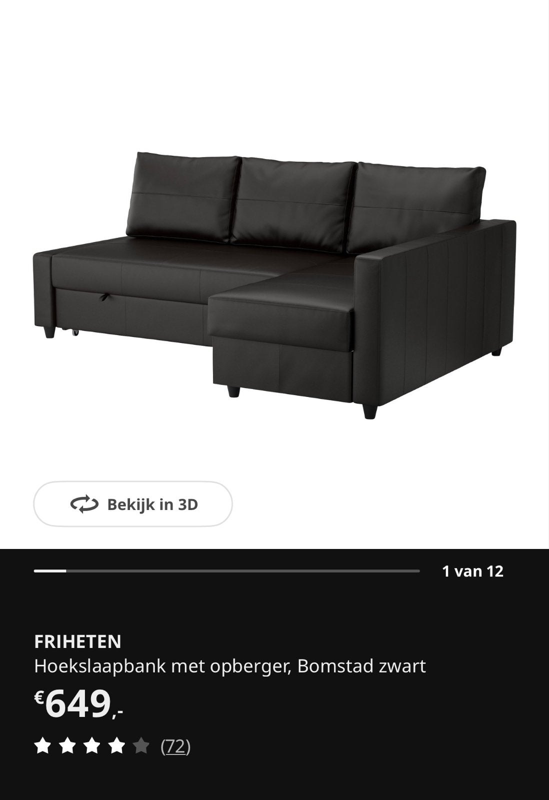 Friheten leren slaapbank met opbergruimte, Ophalen, Zwart, Tweepersoons, Zo goed als nieuw