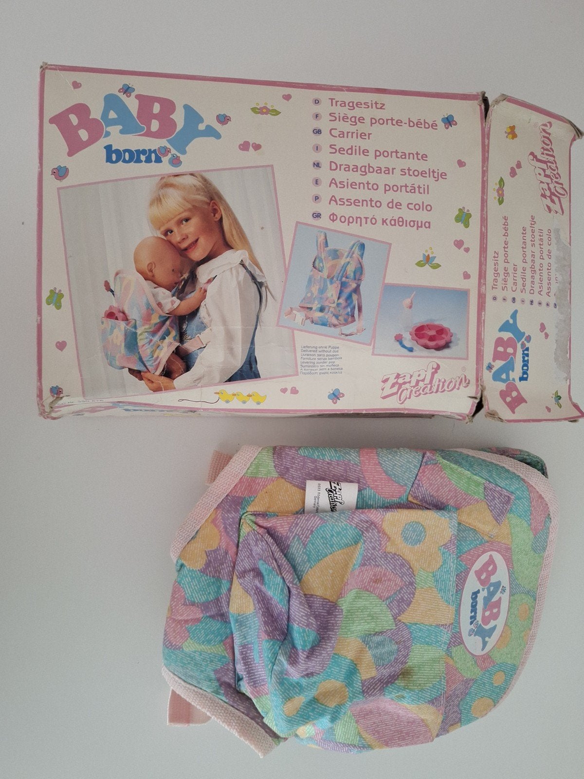 Te koop: vintage draagzak babyborn van het merk Zapf, Ophalen of Verzenden, Gebruikt, Babypop