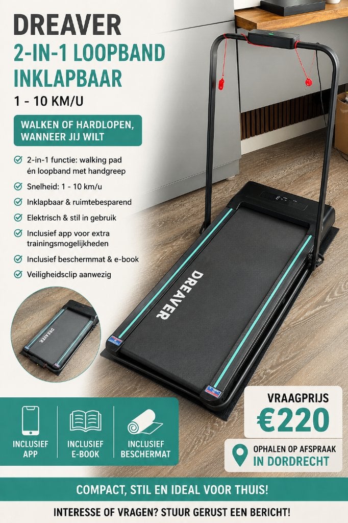 Dreaver 2-in-1 Loopband Inklapbaar 1-10km/u, Sport en Fitness, Fitnessapparatuur, Ophalen, Zo goed als nieuw, Benen, Loopband