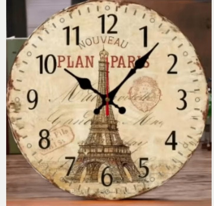 Ronde wandklok van hout Plan Paris (25cm), Huis en Inrichting, Ophalen of Verzenden, Nieuw, Wandklok