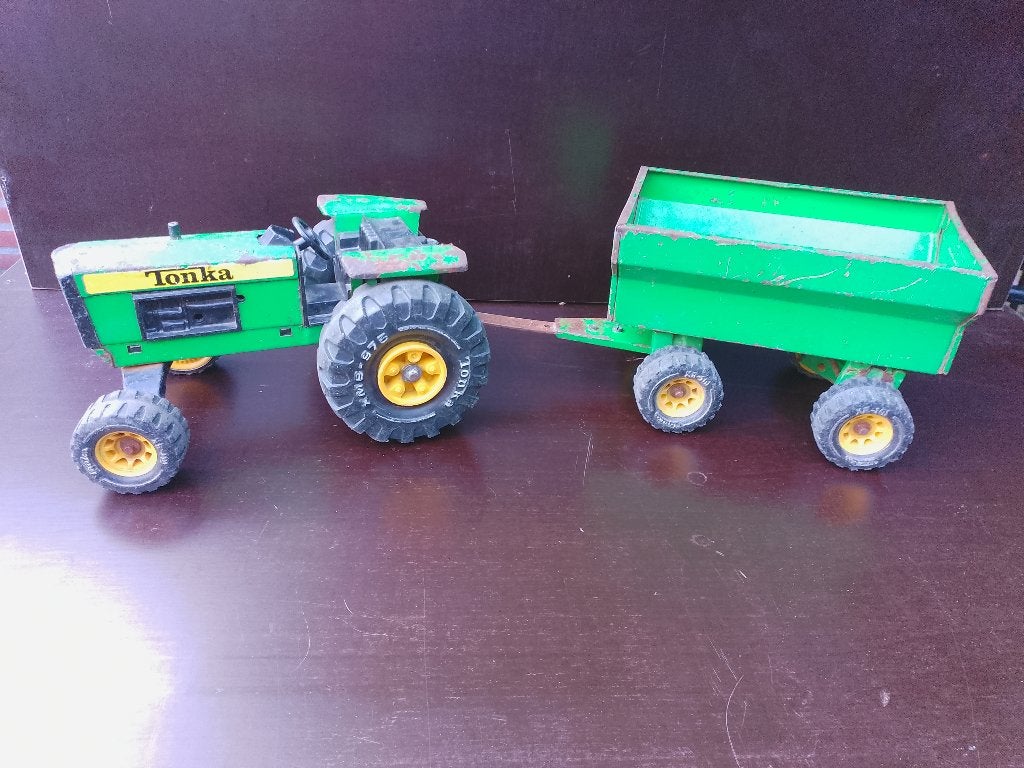 Vintage Metalen Groene Tonka Tractor met Kar, Ophalen of Verzenden