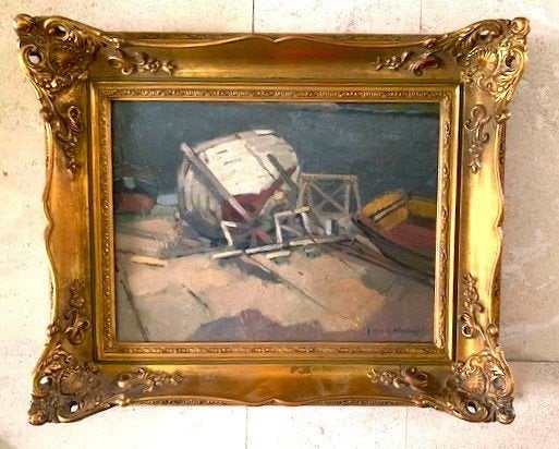 Scheepje op helling ca. 1935 - Joop Kropff (1892-1979), Antiek en Kunst, Maritiem / water, Doek, Impressionistisch, Ophalen of Verzenden