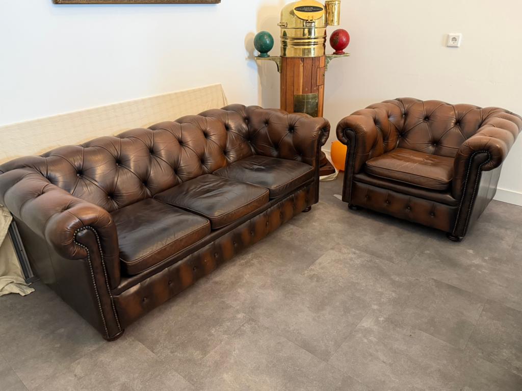 Chesterfield bankstel | 3-zits + fauteuil | Springvale leder, Ophalen, Gebruikt, 200 tot 250 cm, Leer