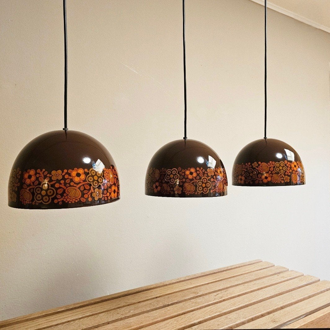 Set van 3 Arabia Hanglampen Kaj Franck - Fog&Mørup, Flower Power Mid Century, Zo goed als nieuw, X, Metaal