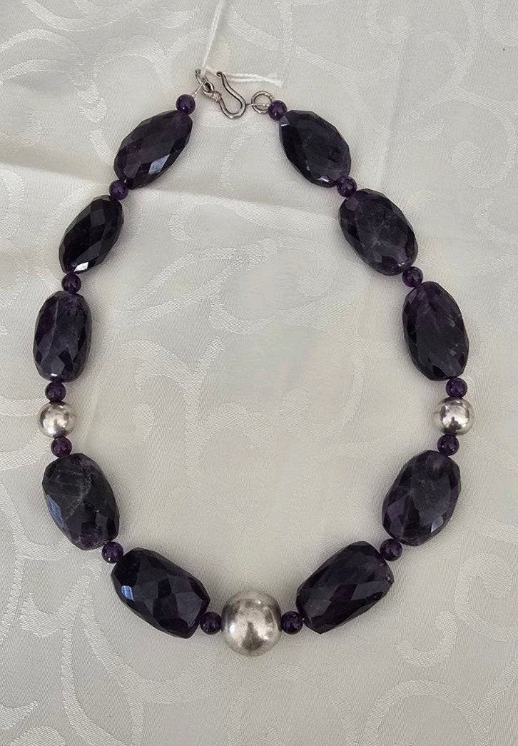 Collier amethyst zilver 46cm, Zwart, Nieuw, Ophalen of Verzenden, Met edelsteen