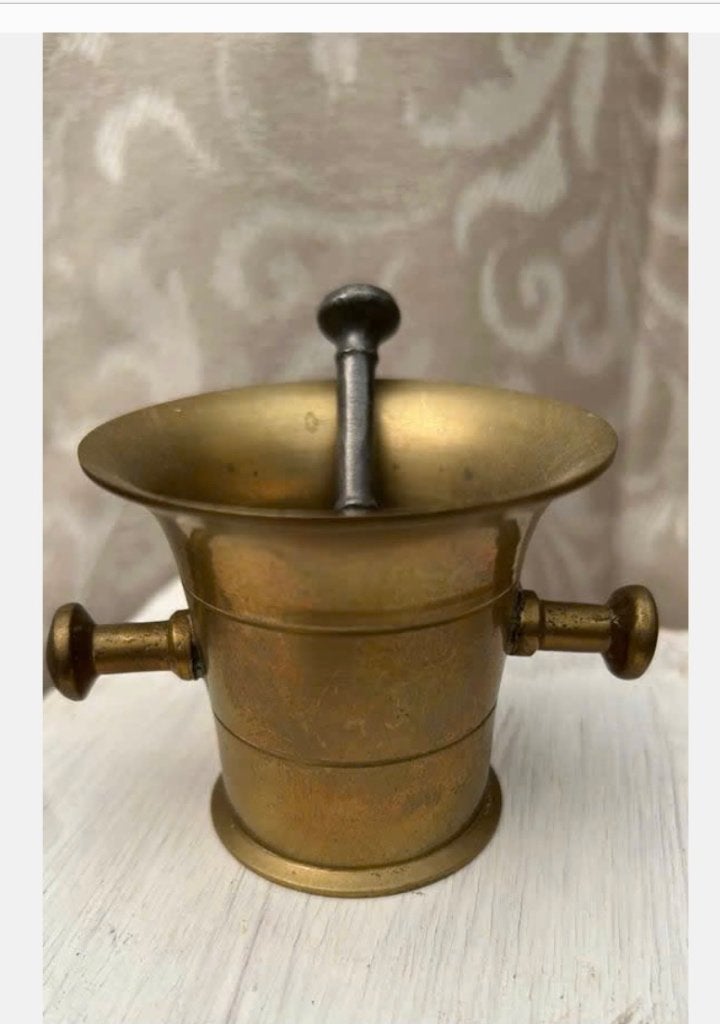 Vintage koperen vijzel 6,5 cm met stamper 9 cm, Ophalen of Verzenden