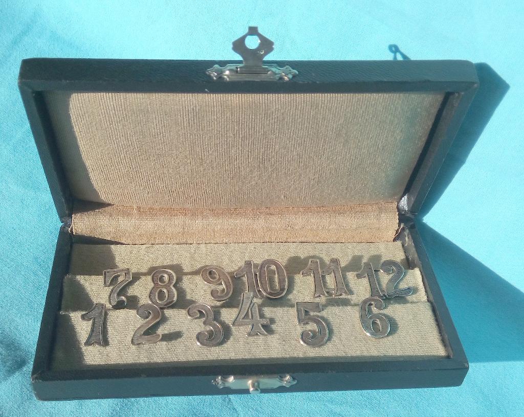 ZILVER ART DECO TAFELNUMMERS ALPACCA GLASHANGERS IN ETUI, Verzenden