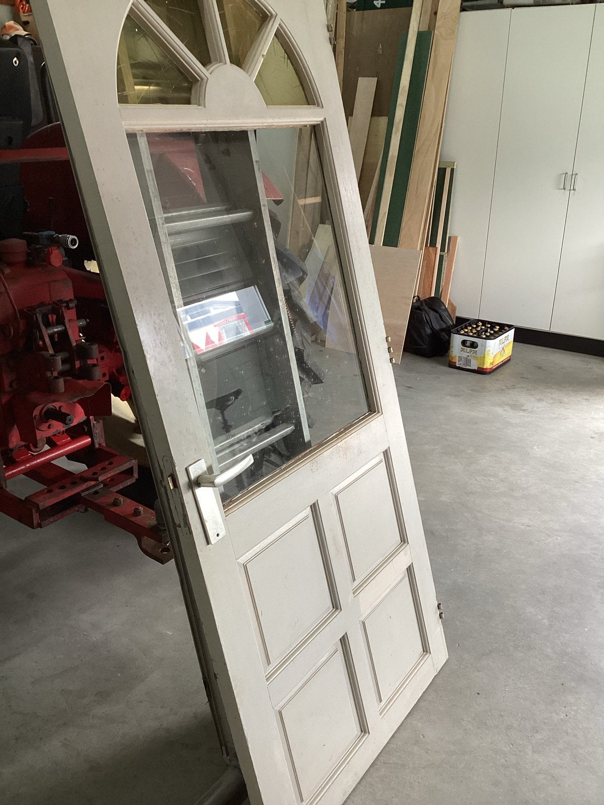 Oude houten buitendeur met glas en boog, Gebruikt, 80 tot 100 cm, Binnendeur, Ophalen of Verzenden