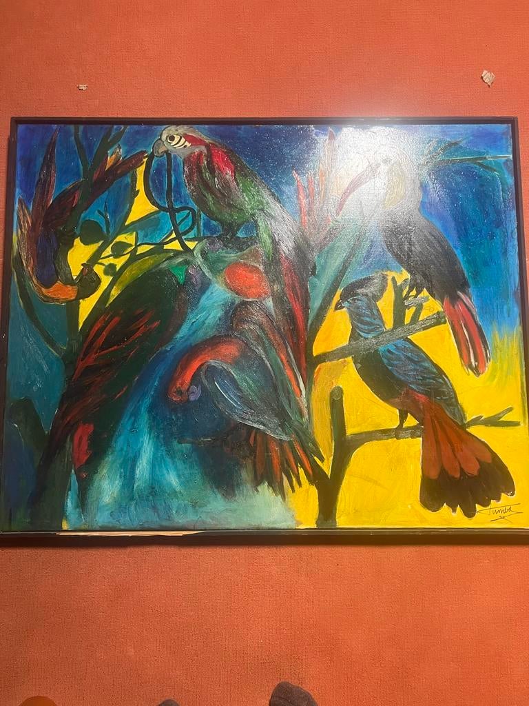 Kleurrijk schilderij van tropische vogels - gesigneerd, Antiek en Kunst, Ophalen