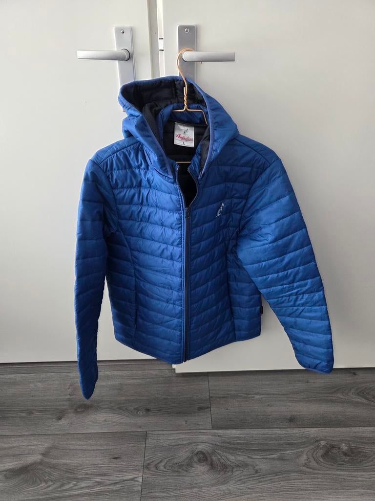 Blauwe gewatteerde jas met capuchon, Maat 38/40 (M), Blauw, Ophalen of Verzenden, Onbekend