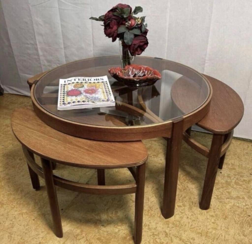 Gratis bezorging! Retro vintage teak Trinity salontafel 1960, Gebruikt, 50 tot 100 cm, 50 tot 75 cm, Glas