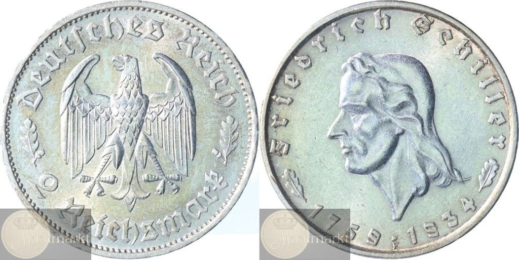 Duitsland - Derde Rijk 2 Reichsmark 1934 F 'WWII Schiller', Ophalen of Verzenden, Duitsland, Losse munt, Zilver