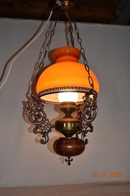 Antieke hanglamp - Grote, sfeervolle oranje glazen kap, Ophalen of Verzenden, Gebruikt, Glas, E27 (groot)