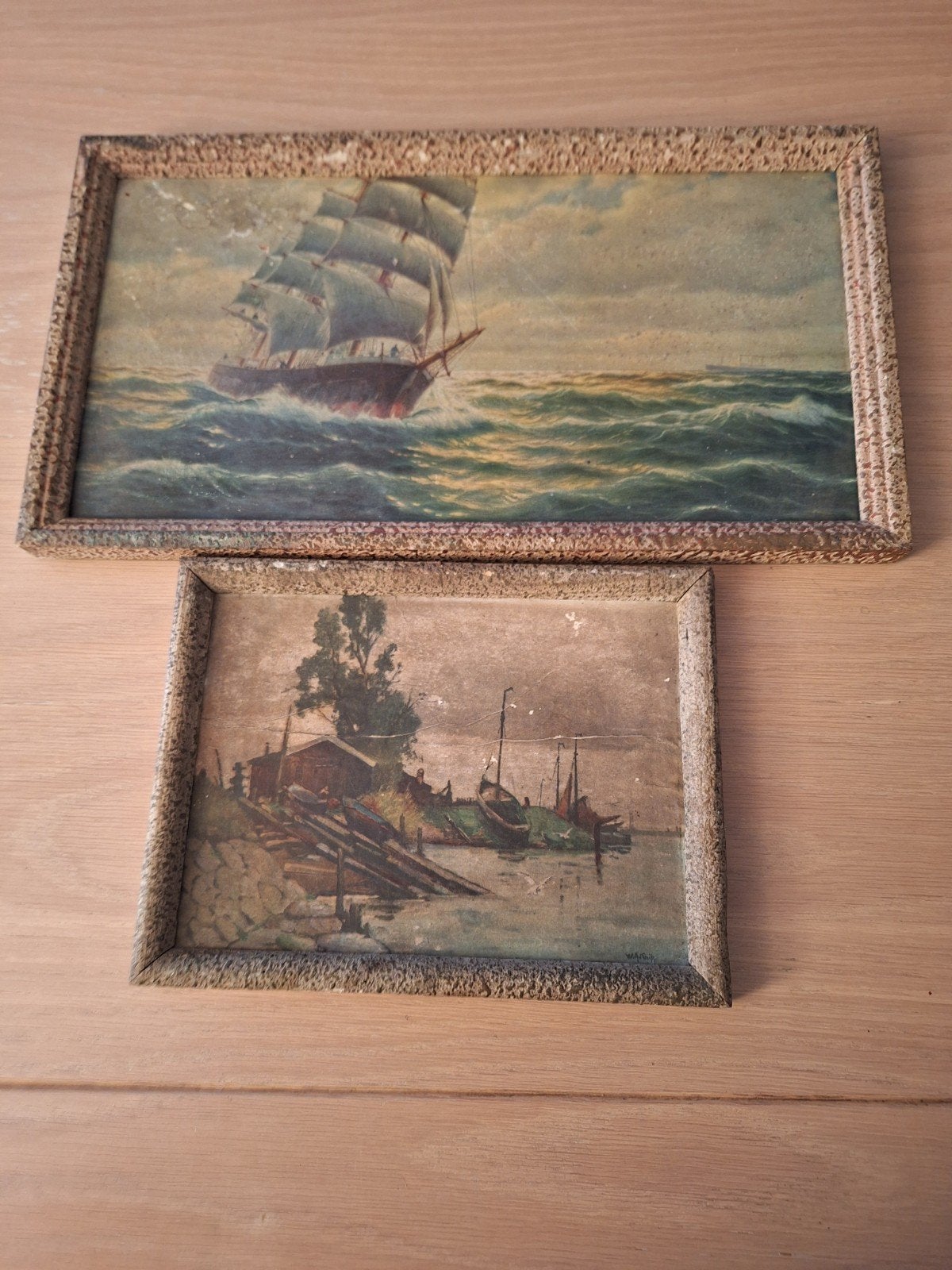Twee klassieke schilderijen: Zeilschip en Havenzicht, Maritiem / water, Doek, Ophalen of Verzenden, Olieverf