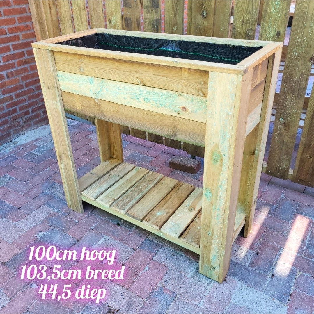 Houten plantenbak op poten met opbergplank, Ophalen, Gebruikt, 100 cm of meer, Balkon