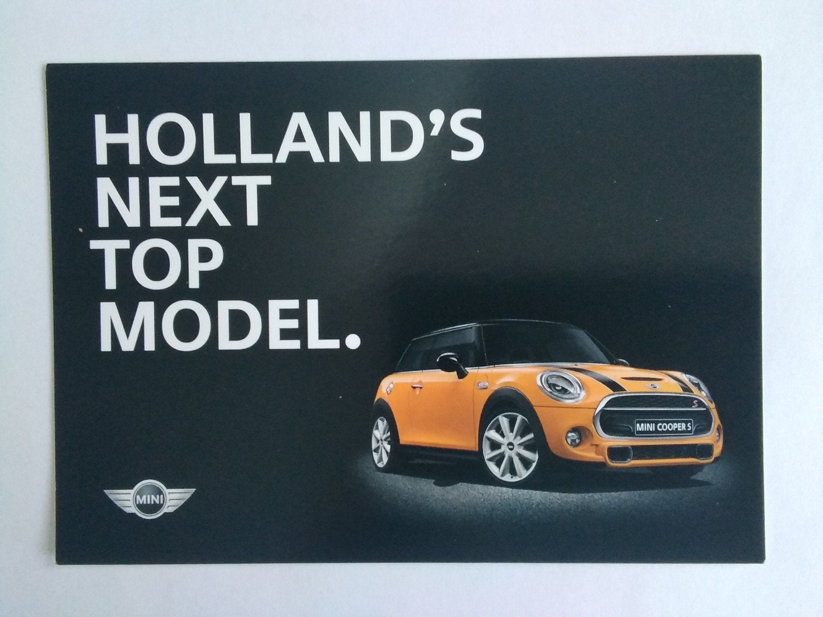 Ansichtkaart reclame Mini Cooper S Holland's Next Top model, Verzenden, Zo goed als nieuw, Auto's